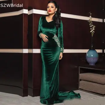 New Sosire V Gâtului Verde rochii de seara cu maneca Lunga Musulman rochie de seara Plus size Catifea vestidos de fiesta rochii de Seara 2021