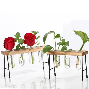 Recipiente Pentru Plante Design Concis Masă De Birou Eprubetă De Sticlă Hidroponice Translucidus Vaza De Flori Ghiveci Tavă De Lemn Decor Acasă