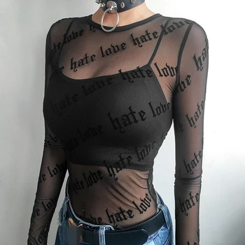 Sexy Gotice Punk Femei Mesh Lace T-Shirt Vedea-prin Perspectiva Scrisoare de Imprimare Maneca Lunga Stretch Topuri