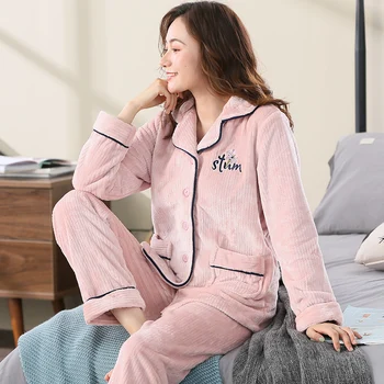 Iarna Fleece Coral Pijamale Femei Roz Lounge Pijamale pentru Femei Dormitor Haine de Acasă Pijamas Îngroșa Bedgown Cald Pijama PJ