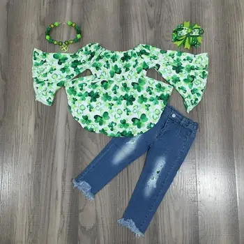 GirlyMax Primăvară Fete Trifoi Verde Timp Flare Sleeve Shirt Copilul St Patrick Blugi Tinutele cu Arcul și Colier