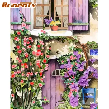 RUOPOTY DIY Tablou De Numere Pentru Adulți Copii 60x75cm Încadrată de Flori Violet, Imagine Handmade, Decor Acasă Diy Cadouri