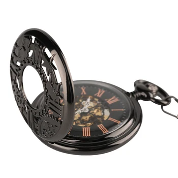 Antic Mână Mecanice Ceas de Buzunar Vintage Roata Dințată Full Hunter Negru Pandantiv Colier Ceas de Buzunar Cadou pentru Femei Barbati