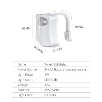 8 LED-uri Culori WC Scaun de Toaleta Lampă Cu Senzor de Mișcare PIR Auto OFF/PE Smart Lumina de Noapte AAA Baterii Toaletă Iluminare din spate