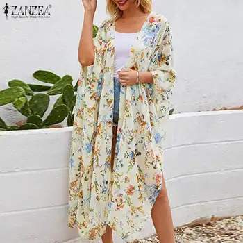 ZANZEA Vara Cardigan Femei Boem Plaja Florale Imprimate Bluza Kimono Casual Maneca 3/4 Split Șifon Tricou Lung Liber Topuri