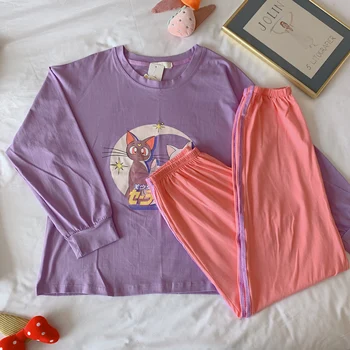 Femei Cu Maneci Lungi De Sex Feminin Homewear Bumbac Seturi De Drăguț Sailor Moon Imprimare Pijamas SoftSleepwearPurple Pijamale