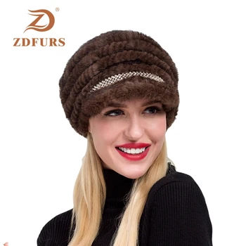 ZDFURS*2019 Noi de Iarna Femei Tricotate Pălării de Blană de Nurcă Atins de blană de Nurcă Capace în formă de Diamant Real de Blană, Căciuli Viziere Fete Headgears