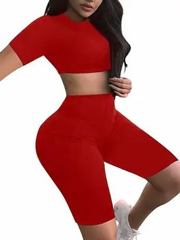 Nou Stil pentru Femei Yoga Set Elegant de Top si pantaloni Scurți 2 Bucata Set Bodycon Tinuta Maneca Scurta Sport Skinny Talie Mare Moda Fierbinte 2019