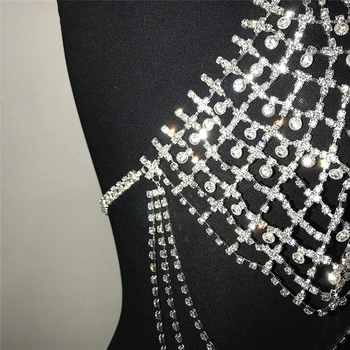 Argint Strălucitoare Stras Set De Două Piese Ciucure Low Cut Backless Grila Crop Top Diamante Sexy Fierbinte Pantalon Femei Partid Seturi De Potrivire