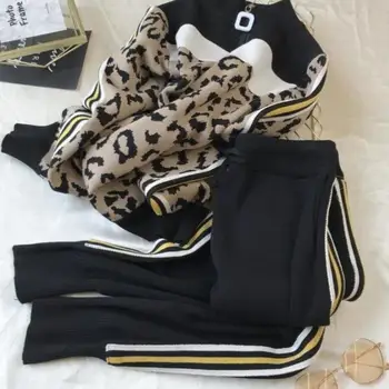 Primavara Toamna Femei Leopard Tricot Jumper Topuri+Pantaloni 2 BUC Seturi de Maneca Lunga Femei Pulover Casual Pantaloni Costume Sport Costum