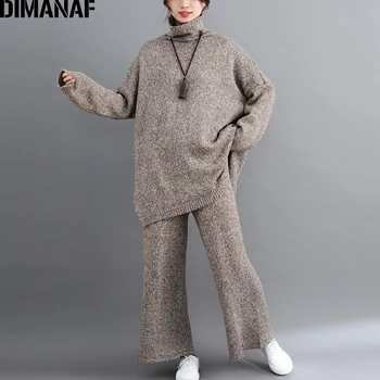DIMANAF Plus Dimensiunea Femei Seturi de Iarna Vintage Tricotat Costum Marime Mare Doamna Topuri Largi Pantaloni Lungi Pulover Guler Haine de sex Feminin