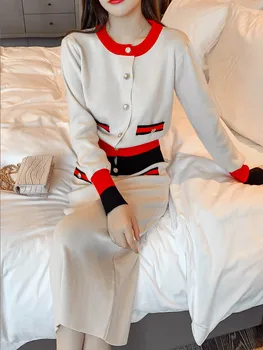 Coreea Tricot 2 Piese Fusta Seturi de Femei Single-breasted Despicare Pulovere + Forța Elastică Costume Fusta Casual, Fashion Elegant Set