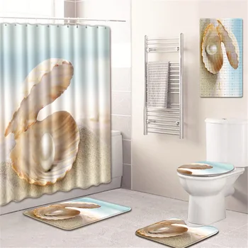T Shell Pearl Baie Perdea de Duș Set cu Cadă Mat Anti-Alunecare Covor În Baie Mat Toaleta husa Scaunului de Toaletă, Covoare Preș