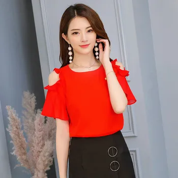 Tricouri Femei Mâneci Scurte Elegante Alb de Agrement Simplu Solid Vara Femei Îmbrăcăminte de Înaltă Calitate, Toate-meci Șifon Roșu de Moda