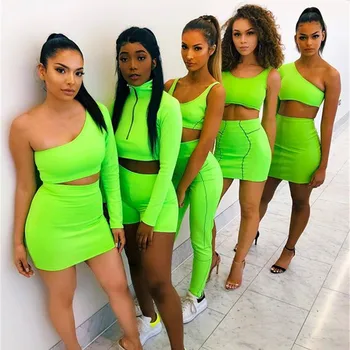 NEONBABIPINK Verde Neon Roz Sexy 2 Bucata Set Femei Culturilor Sus Și Fusta Seturi de Potrivire Summer Club Tinutele de Festival 2019