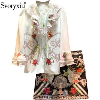 Svoryxiu Designer de Moda Toamna Costum Fusta pentru Femei Elegant, Flare Sleeve Volane de Imprimare Bluza + Diamond Mini Fusta Vintage Set